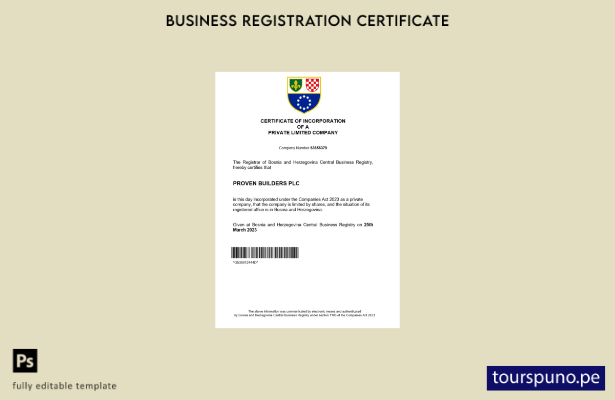 listo para imprimir plantilla de certificado de registro de Bosnia y Herzegovina